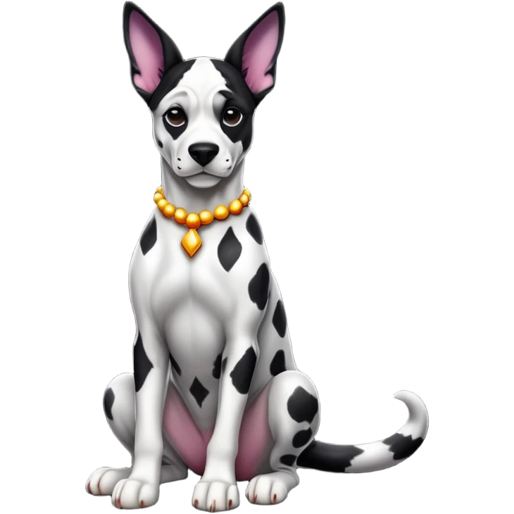 cinematic-[harlequin dane]-realistic-full-body-sitting-emoji,-tail-resting-loosely-beside-its-paws,-head-tilted-dramatically, ears drooped, -sleek-[black and white]-fur,-simplified-yet-realistic-focused-features,-highly-detailed,-glowing-with-an-almost-sarcastic-glow emoji