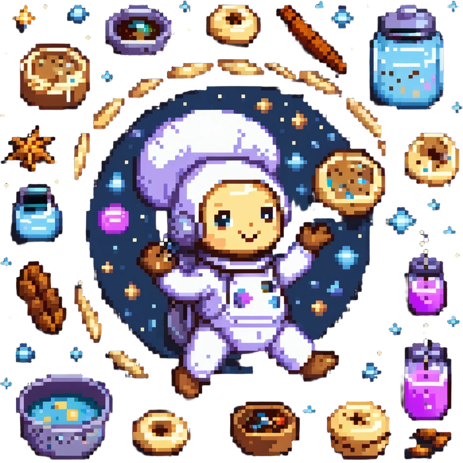 An interstellar baker crafting cookies in zero gravity, using stardust and planetary spices. The kitchen orbits a nebula, with floating tools and anti-gravity dough. UI features galactic swirls, shimmering constellations, and planetary icons. emoji