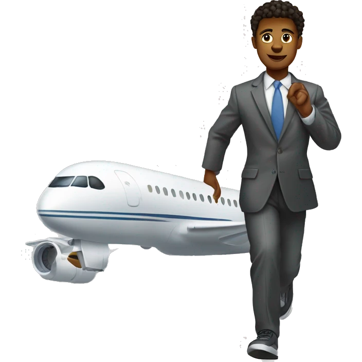 Young man striding a passenger jet flying throu cloudy skies emoji