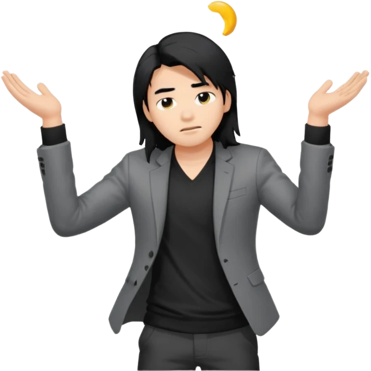 asian young man with long black hair falling on the forehead in grey blazer and black t-shirt  emoji