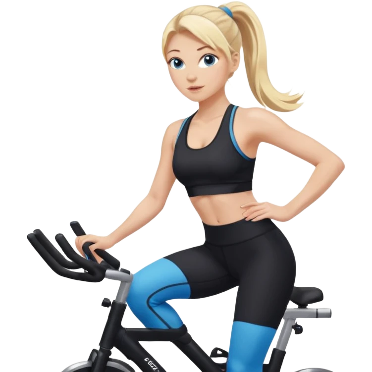White girl blue eyes blonde hair in long pony tail instructing spin class in black sports bra and leggings  emoji