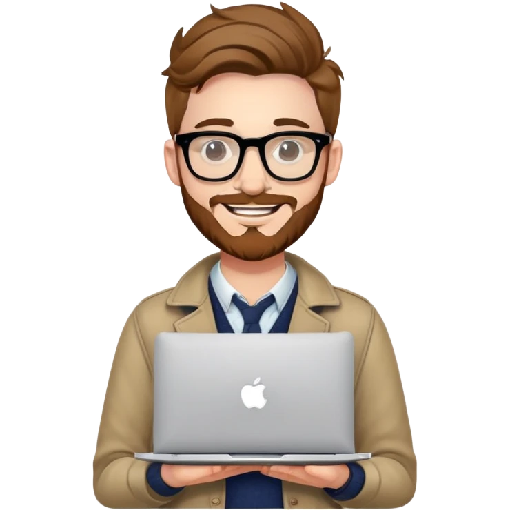 smiling college stylish British  hipster man with MacBook with glasses emoji