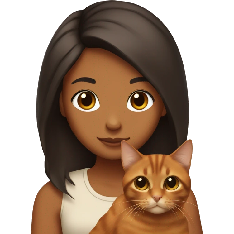 brown girl with black long hair holding a ginger cat and also a tortoiseshell cat emoji