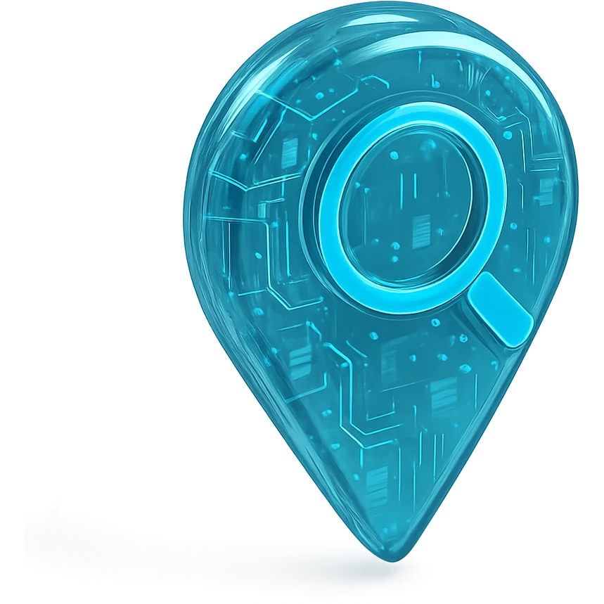 Icon of a map pin with a magnifying glass, cyan blue emoji