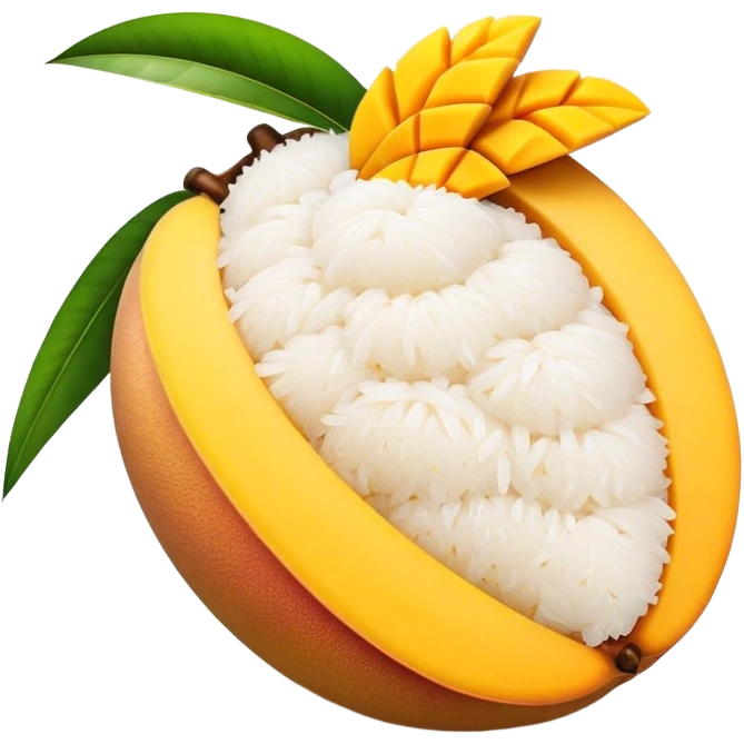 Cinematic Realistic Mango Sticky Rice Dessert Emoji, showcasing sweet sticky rice paired with ripe mango slices and coconut milk rendered with lifelike detail and warm, inviting lighting. emoji