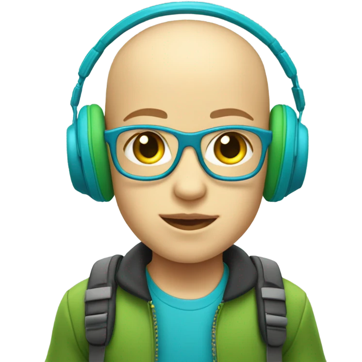 bald child with big blue and green headphones with slighlyn yellow skin emoji