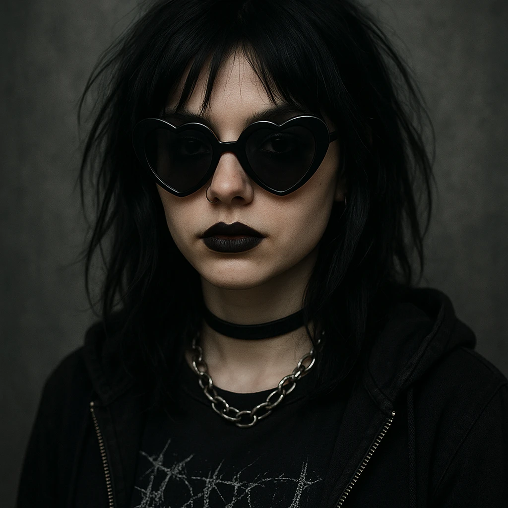 emo girl with heart-shaped sunglasses, dark hair, mysterious vibe emoji