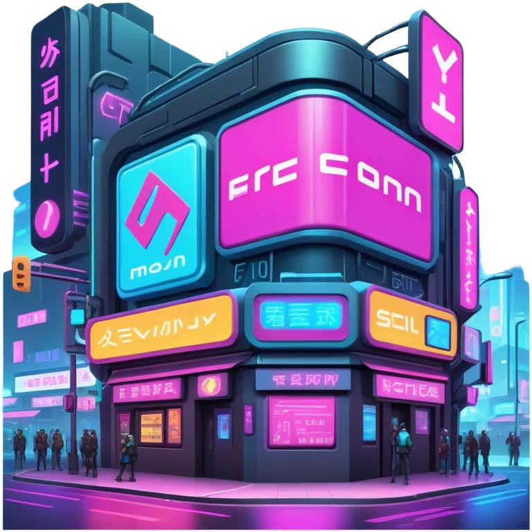 Cyberpunk street corner with neon blinking signage and holographic advertisements emoji