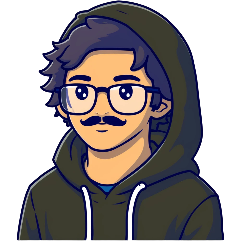 Malay teenager with fluffy hair, long face, light mustache, glasses, and a black hoodie emoji