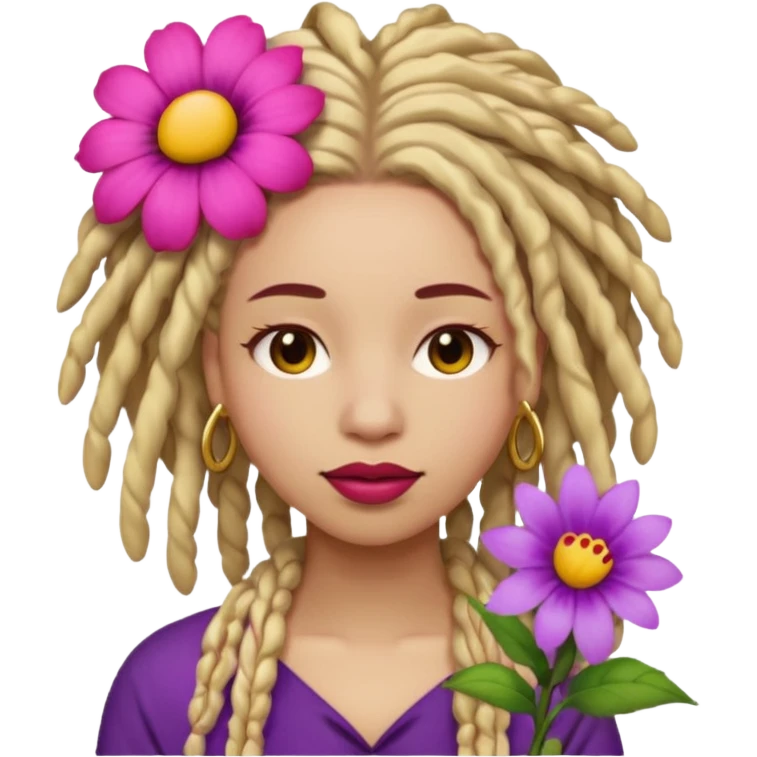 Gold dread locs pink emoji face purple flower in the hair red lipstick emoji