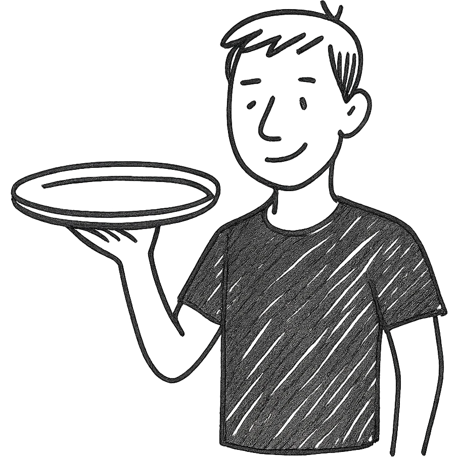 A guy waiter in a black T-shirt with a tray in his hand emoji