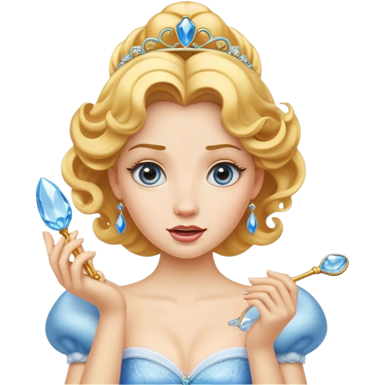 Cinematic Funny Cinderella Portrait Emoji, Stunned expression as she holds a glass slipper much too big, one eyebrow raised, golden curls slightly messy, a mix of royal grace and unexpected humor, capturing a lighthearted twist on her fairy tale moment! emoji