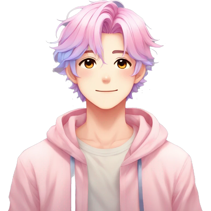 Gorgeous romantic anime style shojo man with blushing face aesthetic and pretty colorful shiny gradient pastel hair trending style emoji
