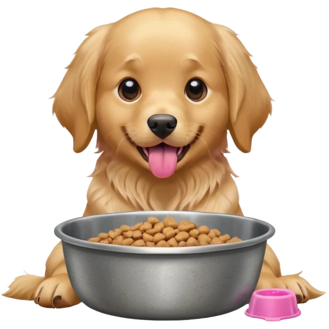 dog with dog food in bowl in front of him, tongue out emoji