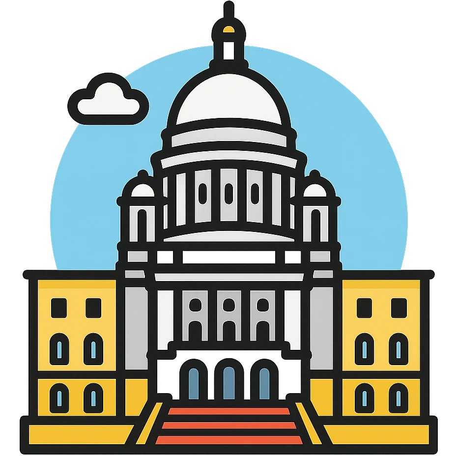 Rhode Island State House with iconic white marble dome, neoclassical architecture, grand steps, clear sky, detailed, suitable for an emoji or icon emoji
