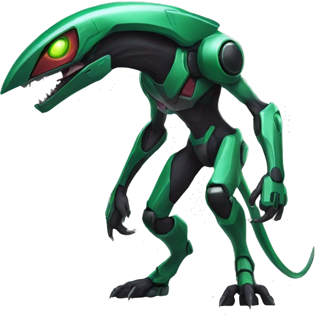 a black-green Genesect-Raptor-Fakémon—hybrid with a futuristic visor-helmet full body emoji