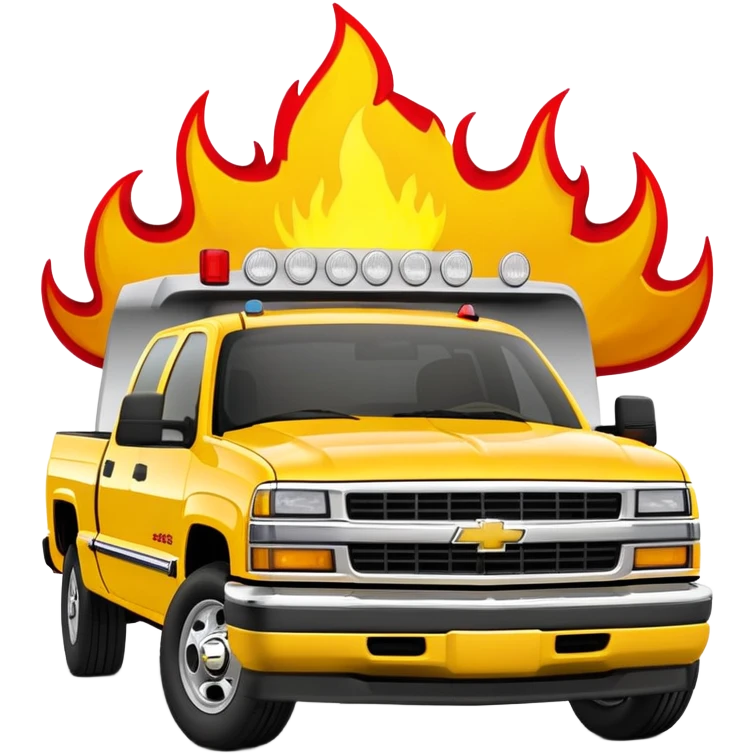 Bright yellow 1997 Chevrolet C-2500 Crew Cab Silverado from Kill Bill with red flame decals on the front hood, 30-degree view showing flames clearly, iOS emoji style emoji
