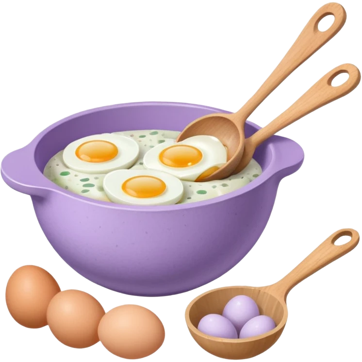 a lilac ceramic mixing bowl with a wooden spoon stirring and sitting next to it is a dozen eggs with the carton lid open emoji