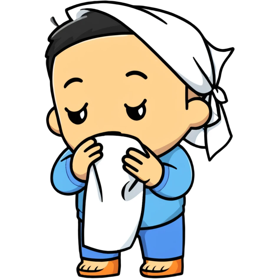 Cartoon character wiping forehead with handkerchief, sweating heavily emoji
