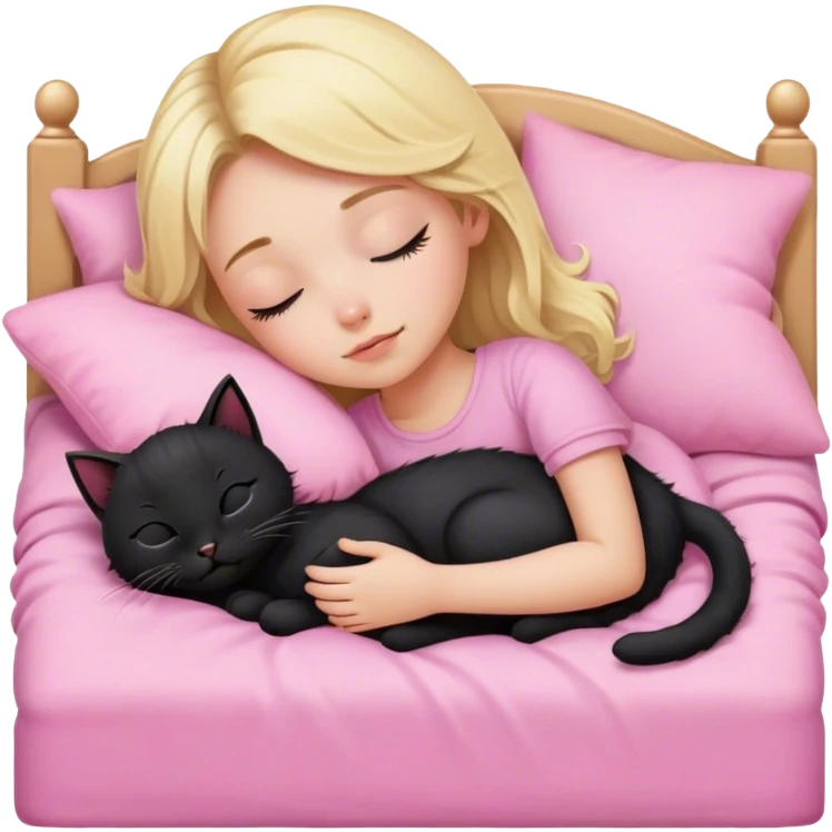 blonde girl asleep with black kitten in pink bed emoji