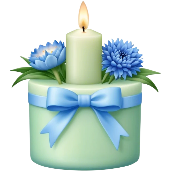 Chanel candle in blue and green with a light blue bow and cornflower bouquet  emoji