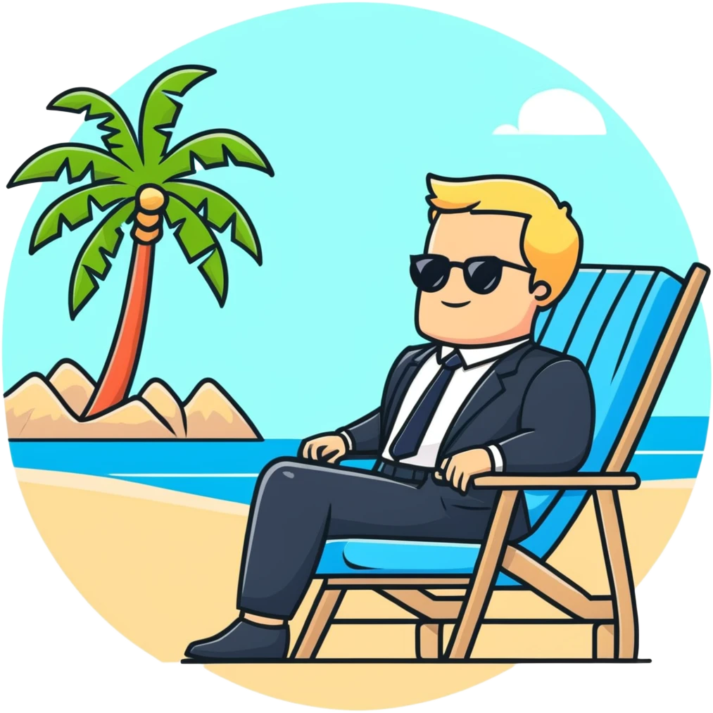 blonde man in business suit sitting on beach chair, vacation setting with palm trees emoji