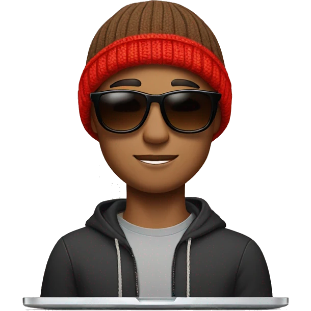 brown short hair man in his 20s with sunglasses and a red beanie with a pom-pom, has AirPods in and is on a Mac laptop emoji