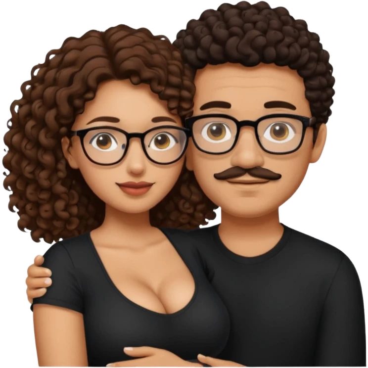 A mixed girl with glasses, the girl is wearing a black shirt, the girl has brown curly hair  and the girl has big boobs. A Mexican man is embracing her, with black bald hair and a short boxed mustache  emoji
