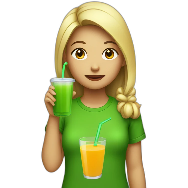 girl drinking a juice with a green t-shirt emoji
