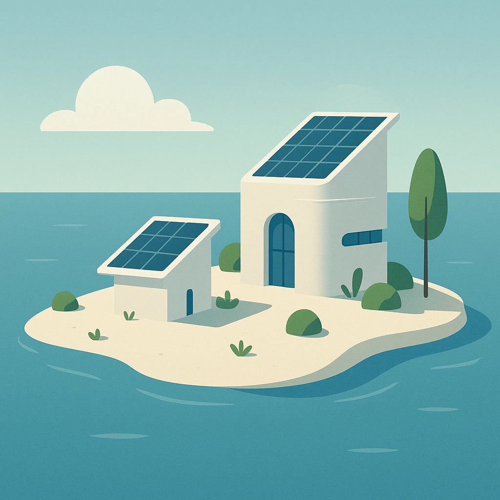 minimalist solarpunk island, small size, one or two advanced structures, solar roof, little vegetation, surrounded by blue ocean, peaceful vibe emoji