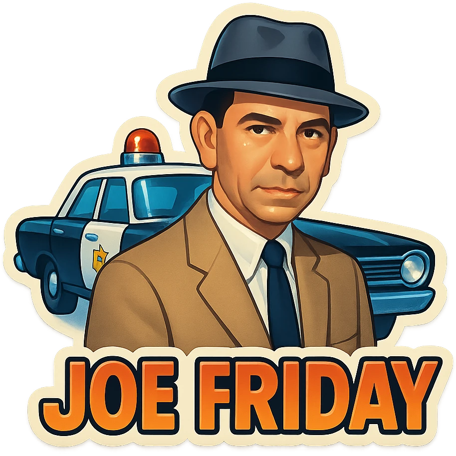 poster of Joe Friday inspired by the reference photo, retro stickers style, with a police car in the background emoji