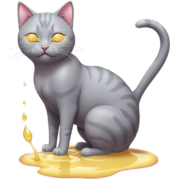 A digital illustration of a grey cat peeing in a playful, cartoonish style. The cat has a relaxed expression with closed eyes and a small, peaceful smile. It is raising one of its hind legs while urinating, with a visible stream of yellow liquid forming a small puddle on the ground. The cat’s tail is curved upwards, and its ears are perked with pink inner coloring. The background is a solid bright blue, creating a simple yet eye-catching contrast with the dark grey fur of the cat. The illustration uses clean, smooth linework and a minimalistic color palette, giving it a modern and humorous aesthetic. emoji