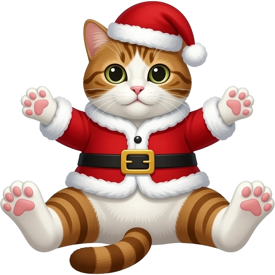 A white and brown cat with a Santa costume with his toes stretched out emoji