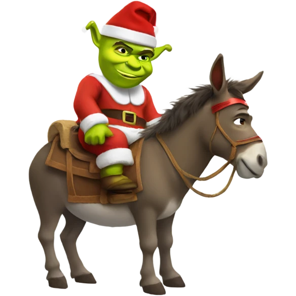 Shrek riding donkey with a Santa hat emoji