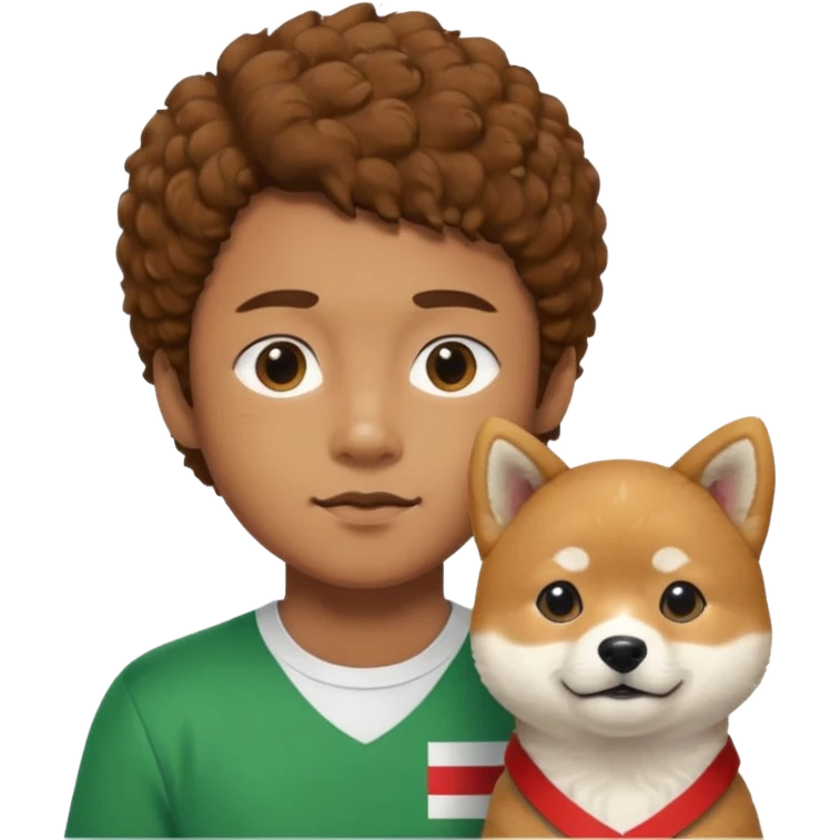 Italy flag shirt boy with chin hairs brown curly hair next to Shiba Inu emoji