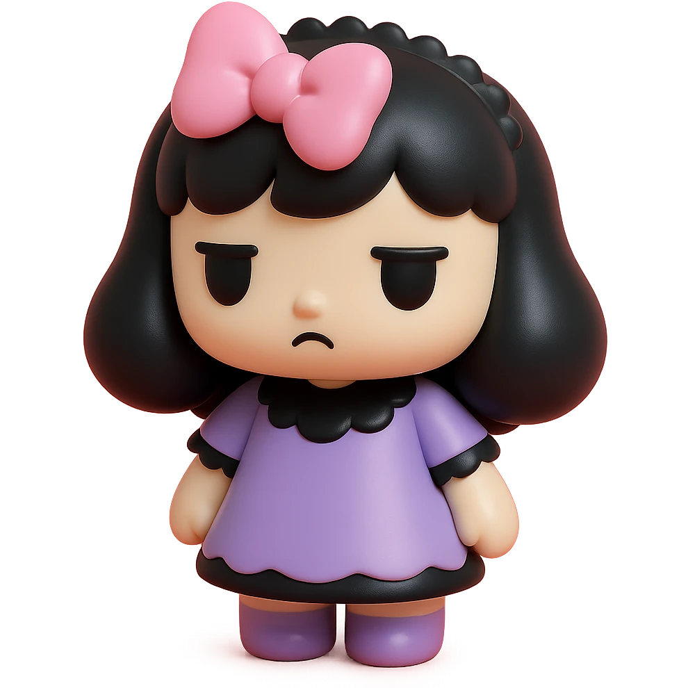 gothic girl with pink bow and black lace trim, gothic style, vinyl figure, moody atmosphere emoji