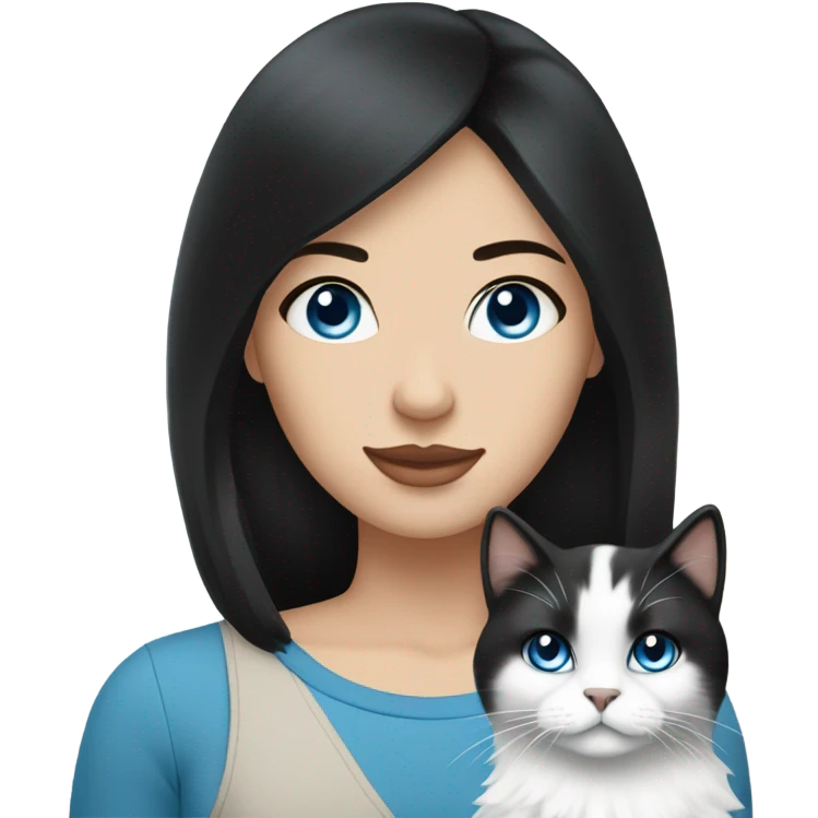 woman with black hair and holding a all white Siberian cat with blue eyes emoji