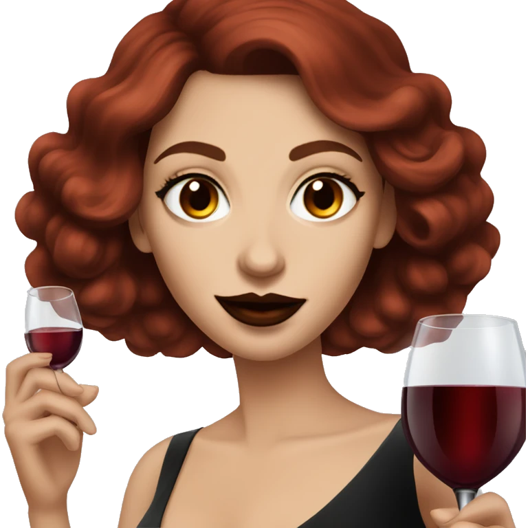 Dark red haired beautiful white women with dark red lips and brown eyes drinking wine in a black gown emoji