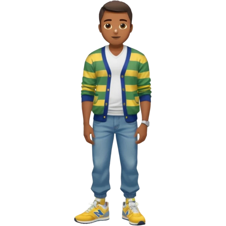 Handsome Black guy with brown skin tone, with lean muscular build, wearing baggy blue jeans, a white v-neck t-shirt, a yellow and green striped cardigan sweater, and grey new balance sneakers  emoji