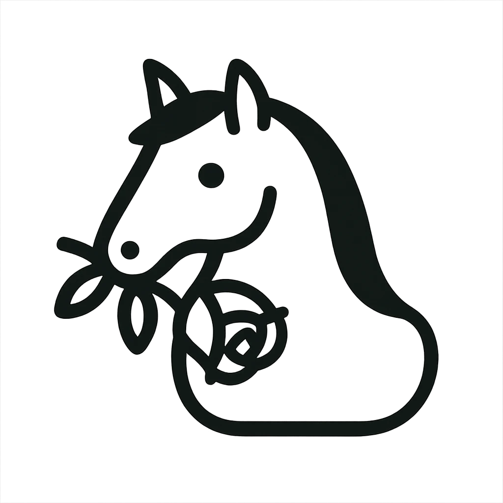 Make the horse black, keep the rose in its mouth, minimalistic style, no background. emoji