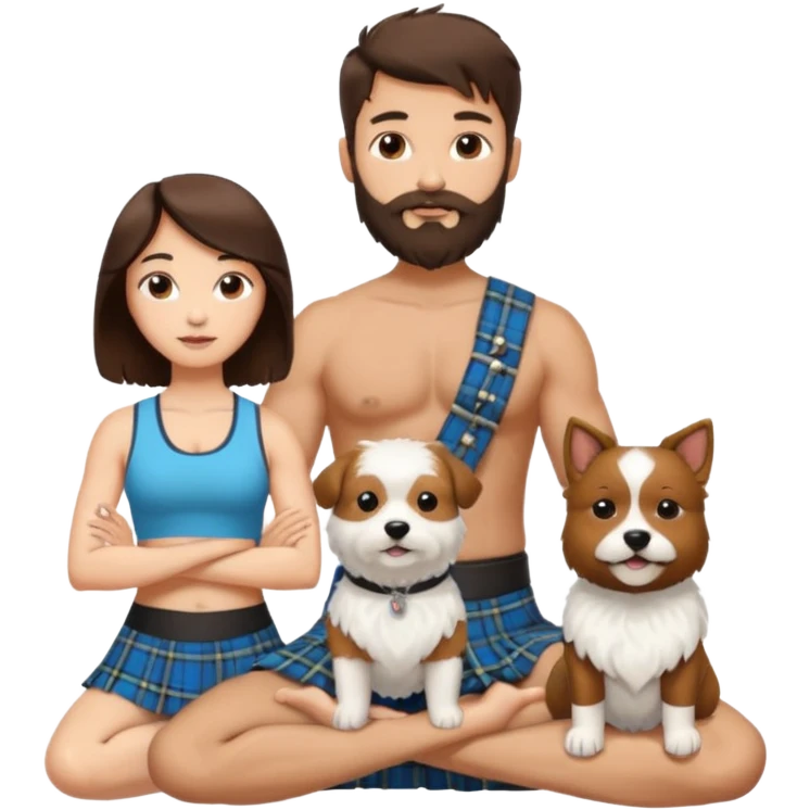 emoji of brunette man with beard wearing kilt, brunette woman in yoga outfit and one white fluffy dog emoji