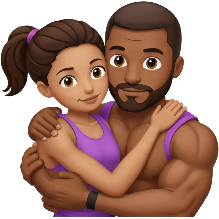 Black man with facial hair and muscles hug small brunette woman emoji