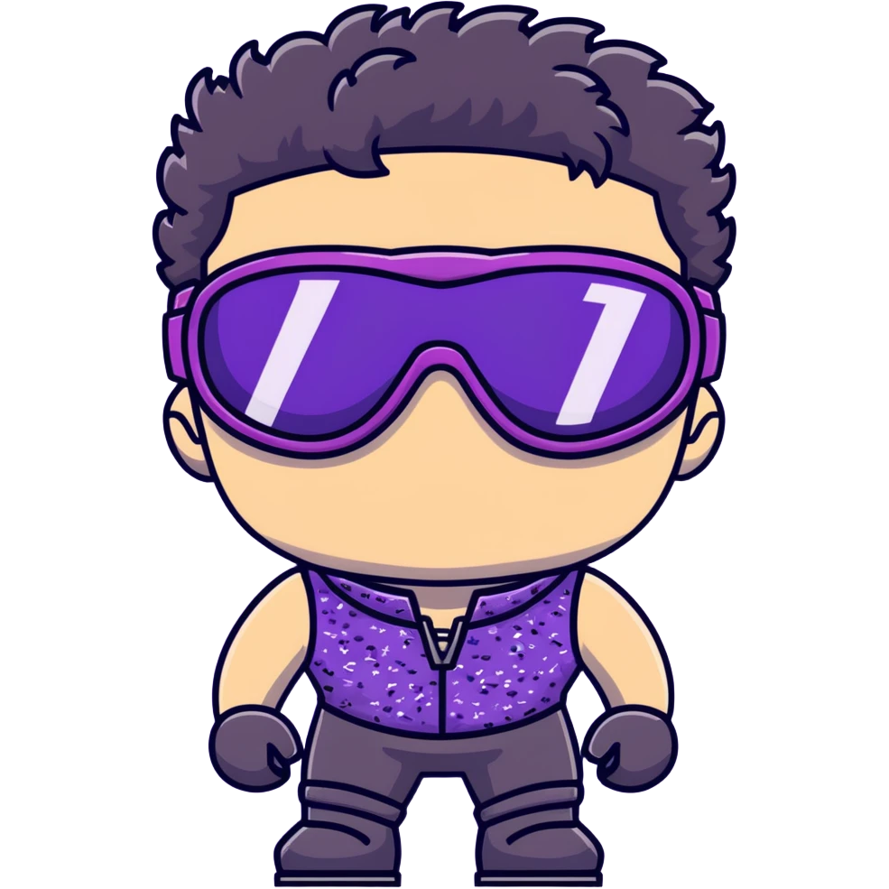 male athlete with white skin and moderately curly black hair on top with shaved sides, wearing ski goggles with purple frames and very dark black lenses, a simple plain black chain necklace, and a completely unzipped sleeveless vest with purple and black sequin fire pattern design, fully revealing his chest, shoulders and arms, no earrings emoji