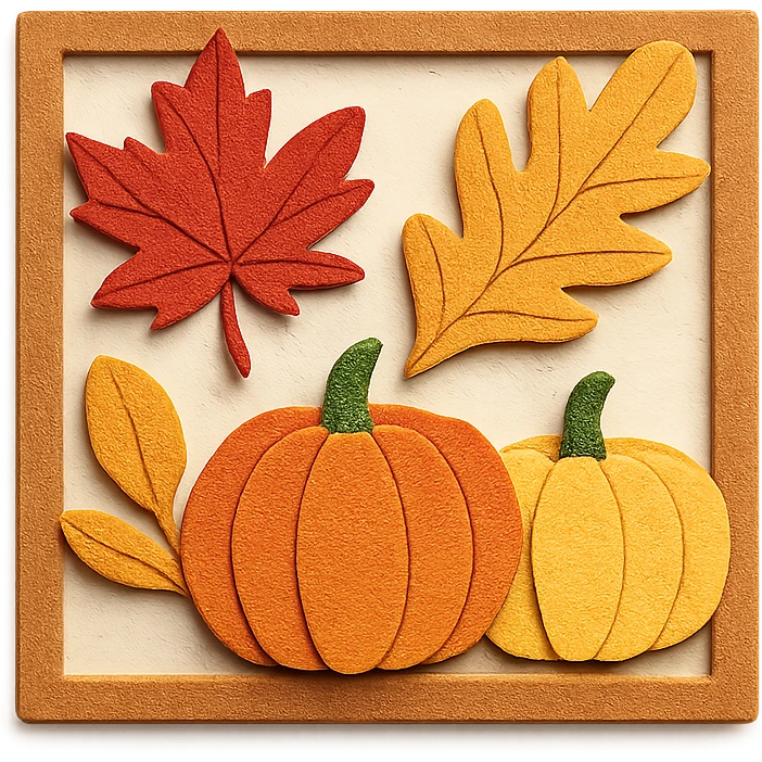 fall season scene in a square with layered leaves and pumpkins emoji