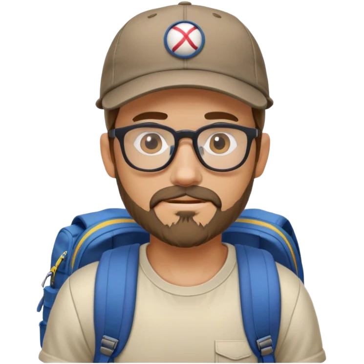 adventurer with goatee beard (no beard on cheeks), short hair, glasses, backwards baseball cap and backpack emoji
