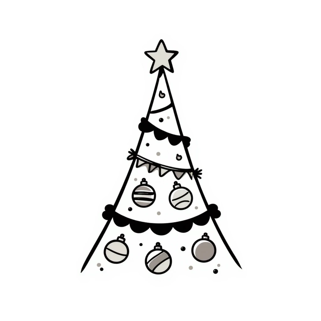 A Christmas tree with decorations in pastel colors (dd9fb0, ffc6d3, a3bfc9, c4bee2, f1b091), hand-drawn doodle style emoji