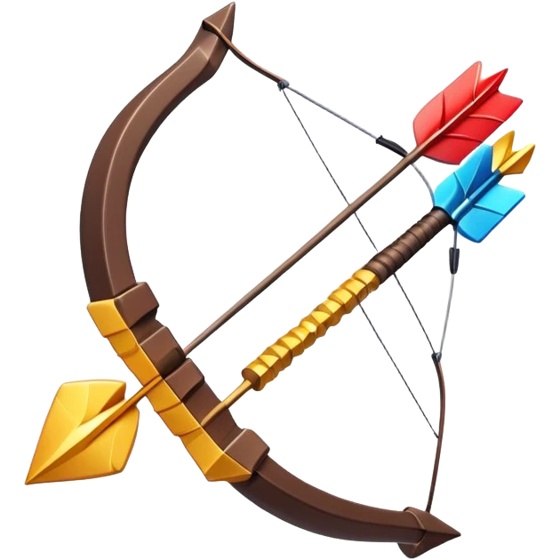 Clash of Clans aesthetic: Cinematic Playful Pixel 3D Bow & Arrow Portrait Emoji, rendered in a 3D vector-style similar to standard emojis with minimal shading and bold, simplified shapes. A compact, distinct form with signature details, softly glowing with a pixelated adventure charm. Simplified yet unmistakably iconic, highly detailed and consistent, glowing with a soft radiance and high shine. Stylized with a touch of classic pixel-art charm and a soft glowing outline, capturing the essence of a beloved gaming relic with a friendly, playful manner! emoji