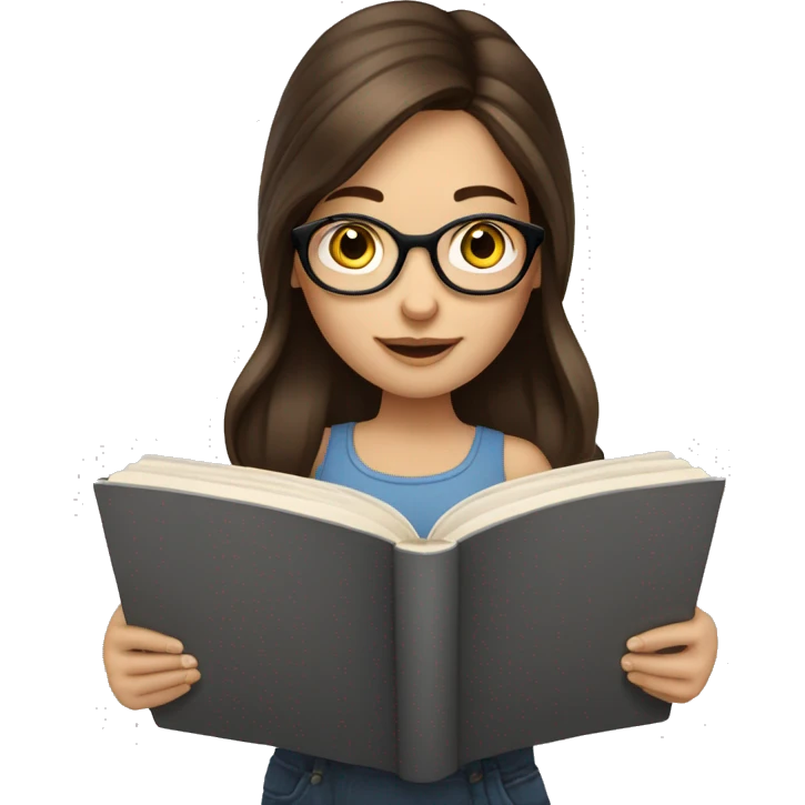 Medium length brunette haired girl with blue eyes reading a book and wearing glasses  emoji