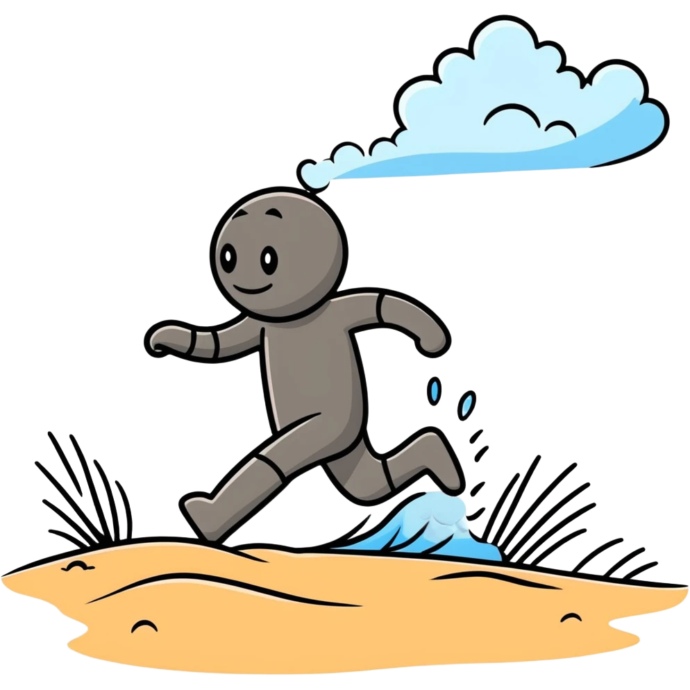 cartoon person tiptoeing and hopping quickly across hot beach sand with steam rising from footprints emoji