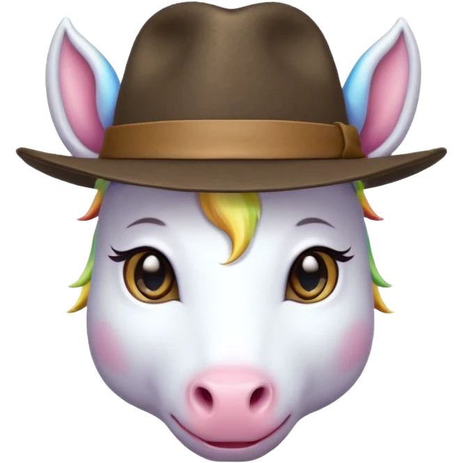 unicorn face cute wearing fedora, horn piercing through the hat looking in the camera emoji